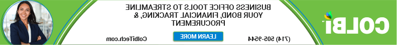 Colbi ad with text "Business Office Tools to Streamline Your Bond, Financial Tracking, & Procurement" featuring logo, contact, and "Learn More" button.